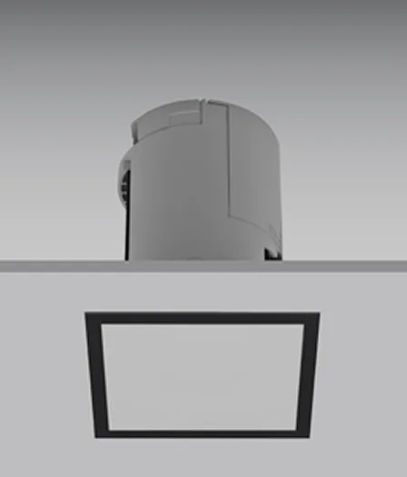 Diseño redondo o cuadrado que comparte lenguaje con la iluminación técnica.